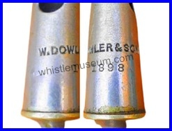 This image has an empty alt attribute; its file name is W-Dowler-Sons-3rd-Period-MilitaryTNC-Two-Notes-Conical-whistle-additional-stamps-whistle-museum.jpg